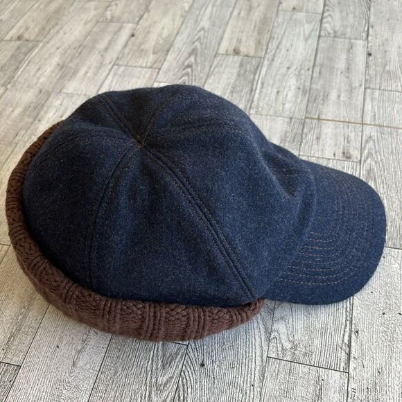 Ear-Flap Hat Blue Wool brown cableknit plaid flannel lined S/M Gap Vintage - Picture 2 of 12